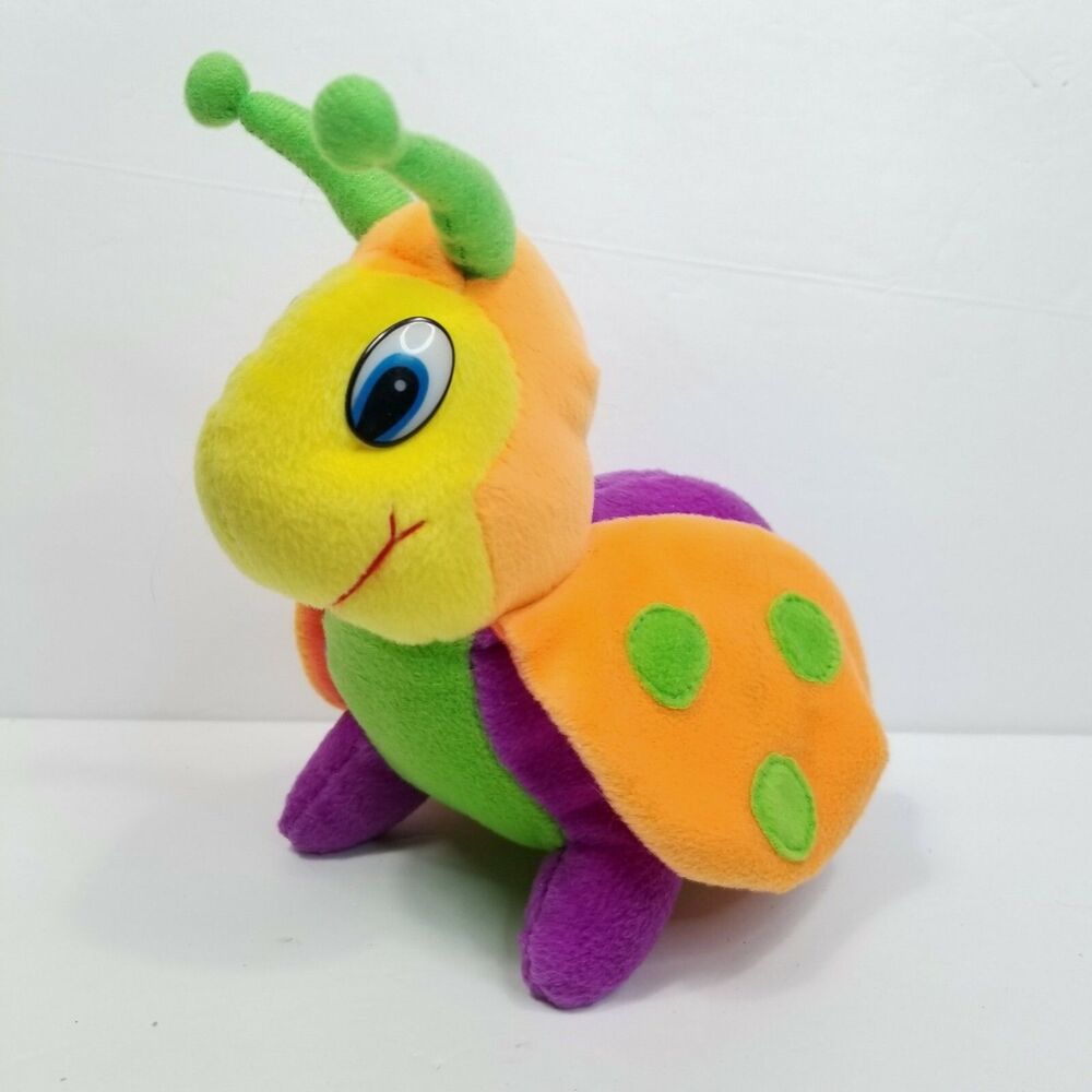 Ladybug  Orange Purple Green Plush Stuffed Animal Toy 7" Plastic eyes Vintage